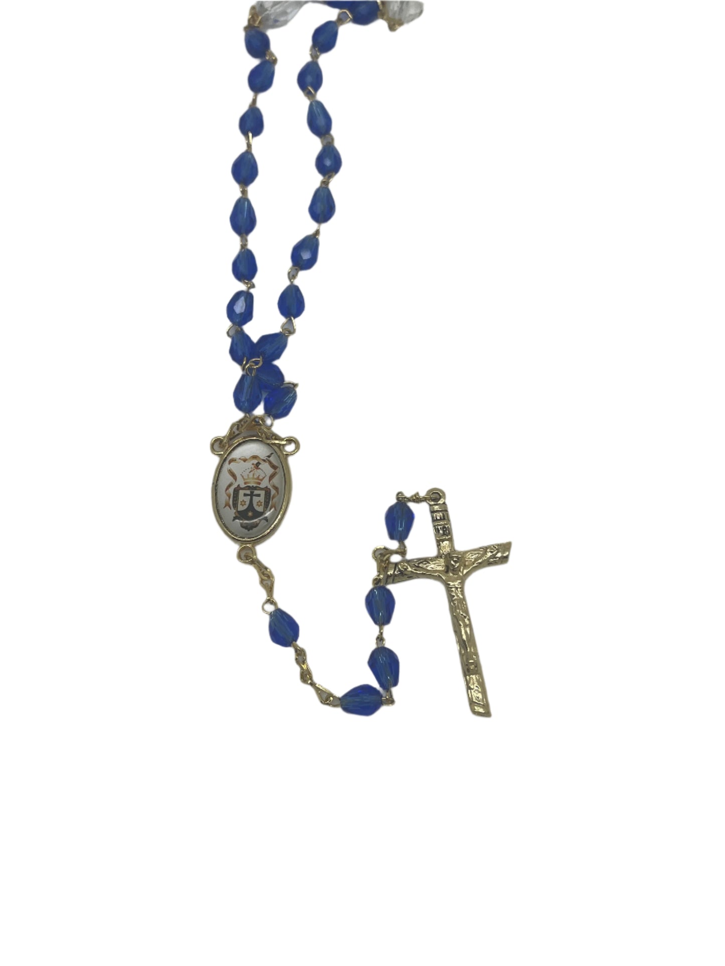 Our Lady of Mt. Carmel rosary with dark blue beads, detailed metal crucifix, and medal centerpiece with religious emblem