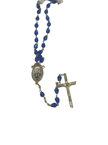 Our Lady of Mt. Carmel rosary with dark blue beads, detailed metal crucifix, and medal centerpiece with religious emblem
