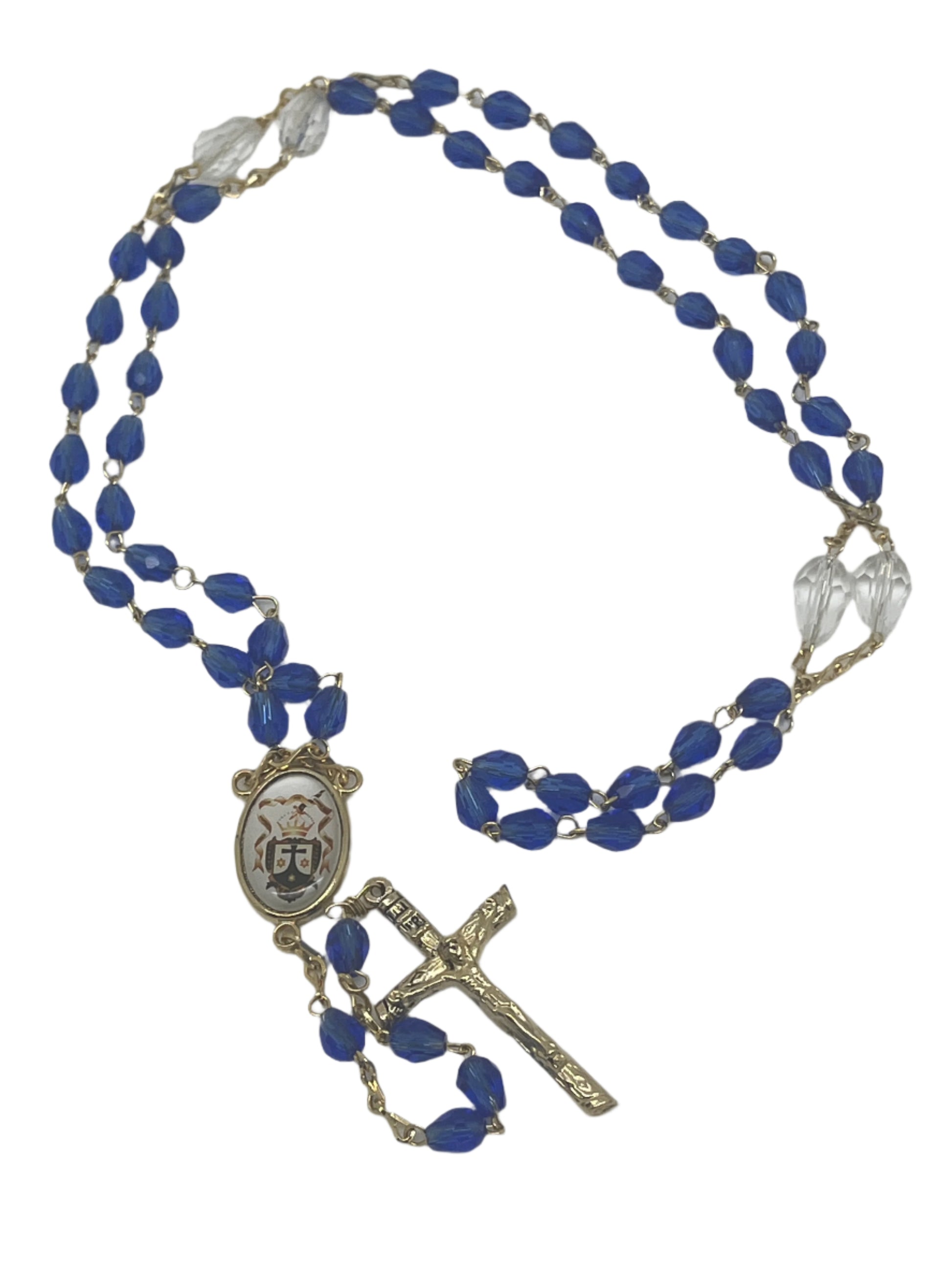Our Lady of Mt. Carmel blue crystal rosary with clear crystal Our Father beads, gold chain, and detailed gold crucifix centerpiece