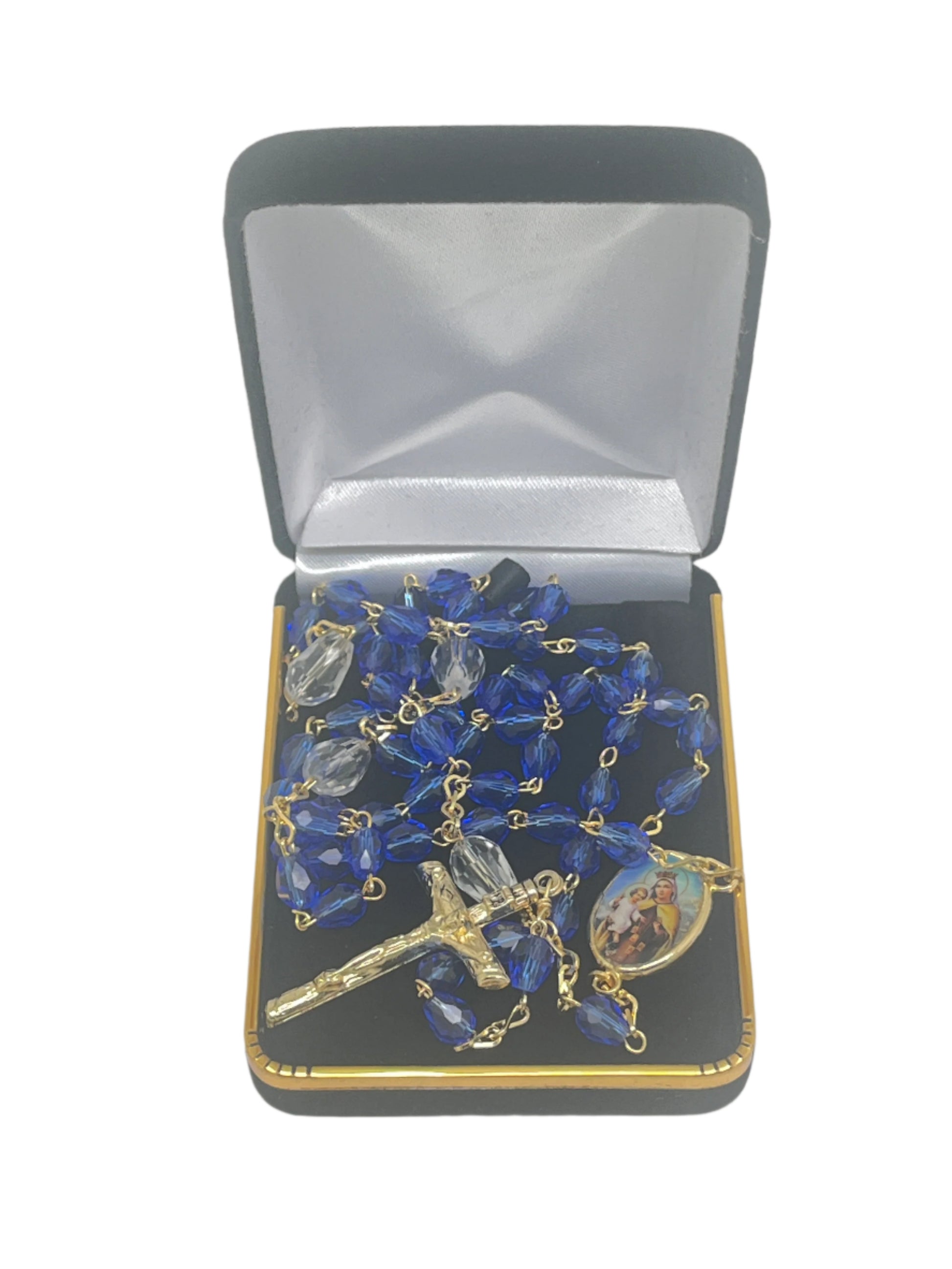 Our Lady of Mt. Carmel blue crystal rosary with clear bishop beads, gold chain, crucifix, and detailed religious centerpiece in presentation box