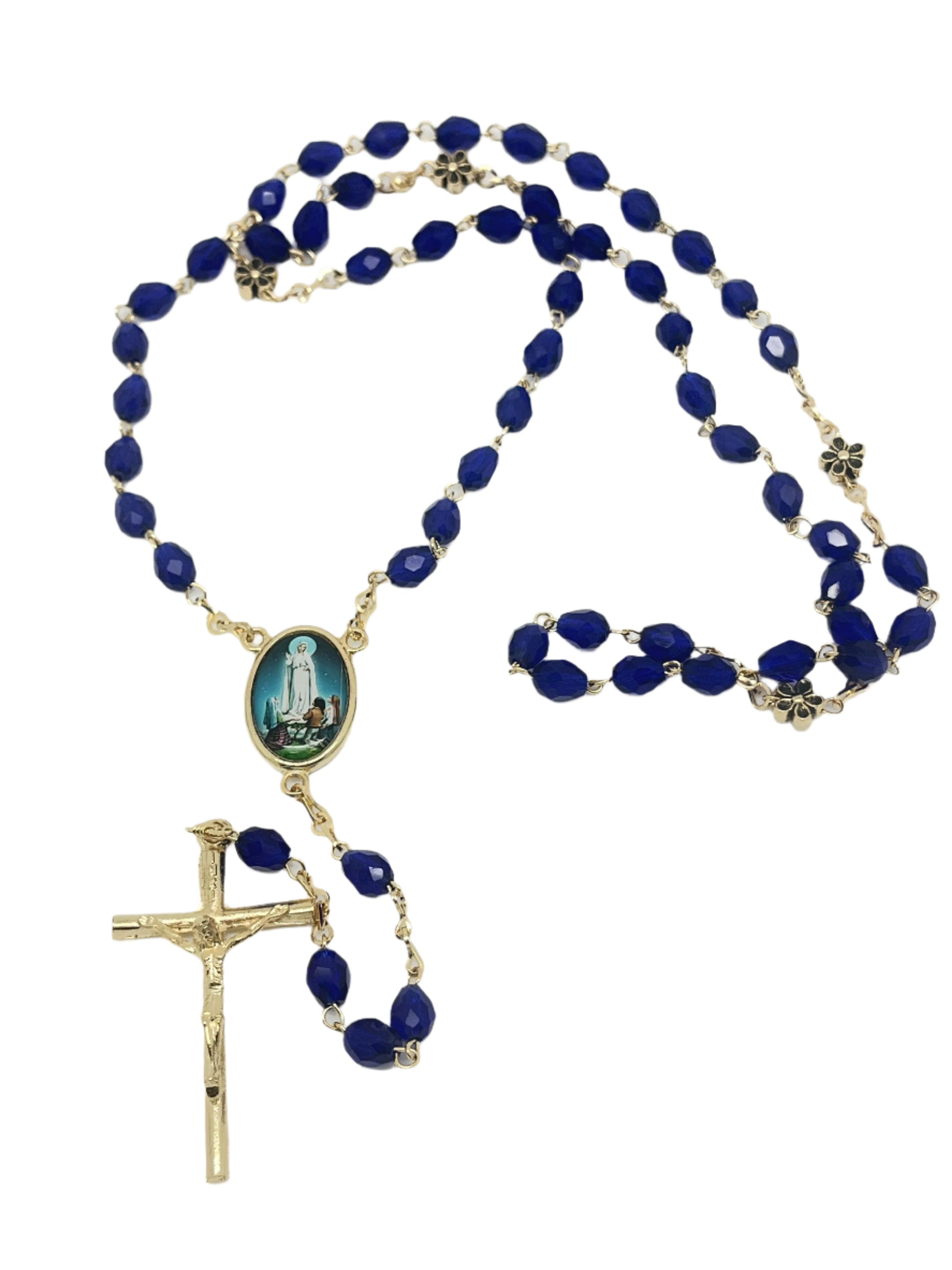 Our Lady of Fatima dark blue crystal rosary with gold-tone crucifix and flower-accented Our Father beads