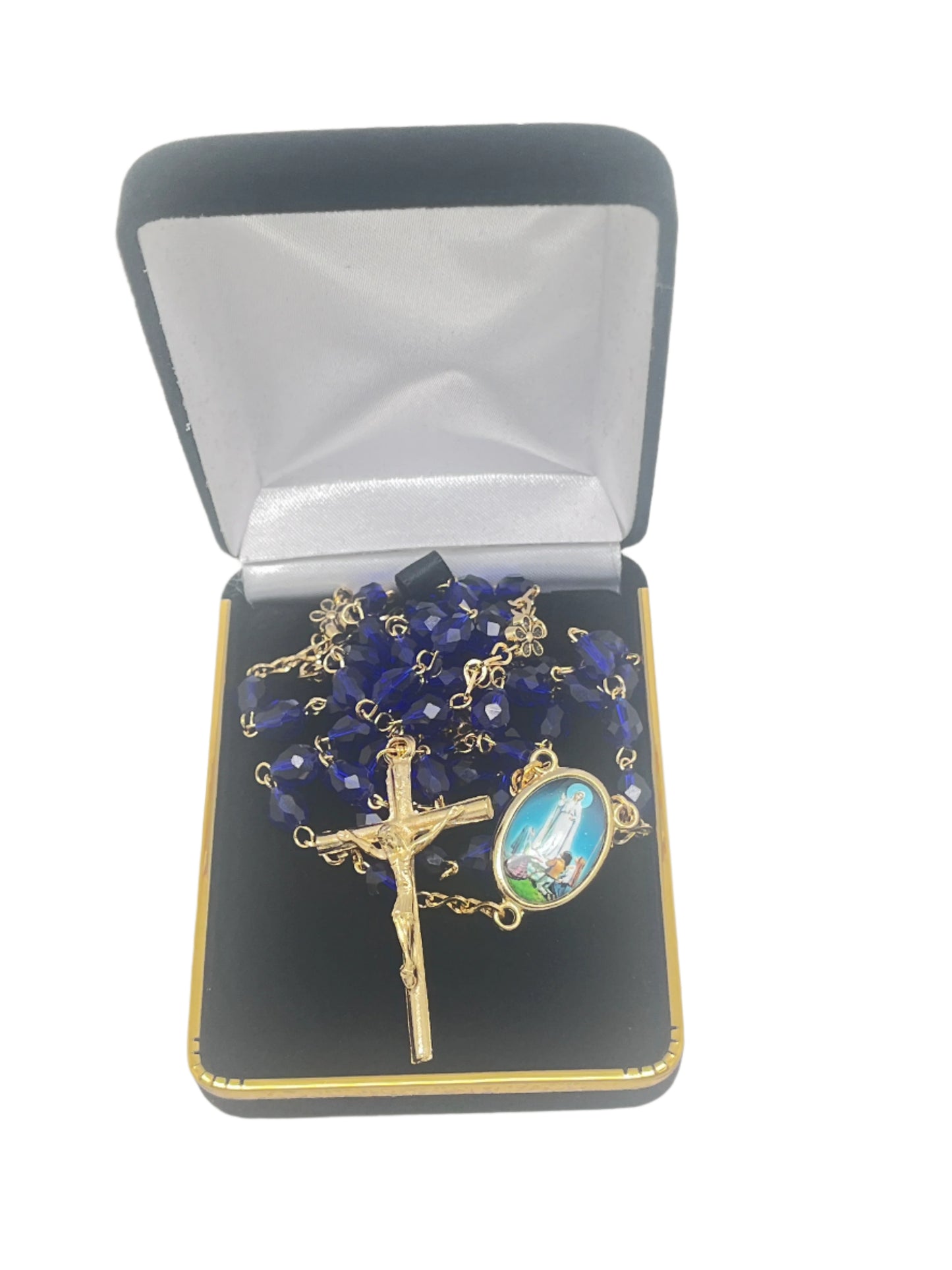 Our Lady of Fatima dark blue crystal rosary with gold-tone crucifix and colorful Our Lady centerpiece in black velvet gift box