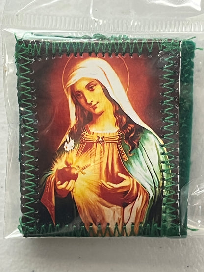 2" Green Detente scapular with Sacred Heart of Jesus and Immaculate Heart of Mary image and green stitched border