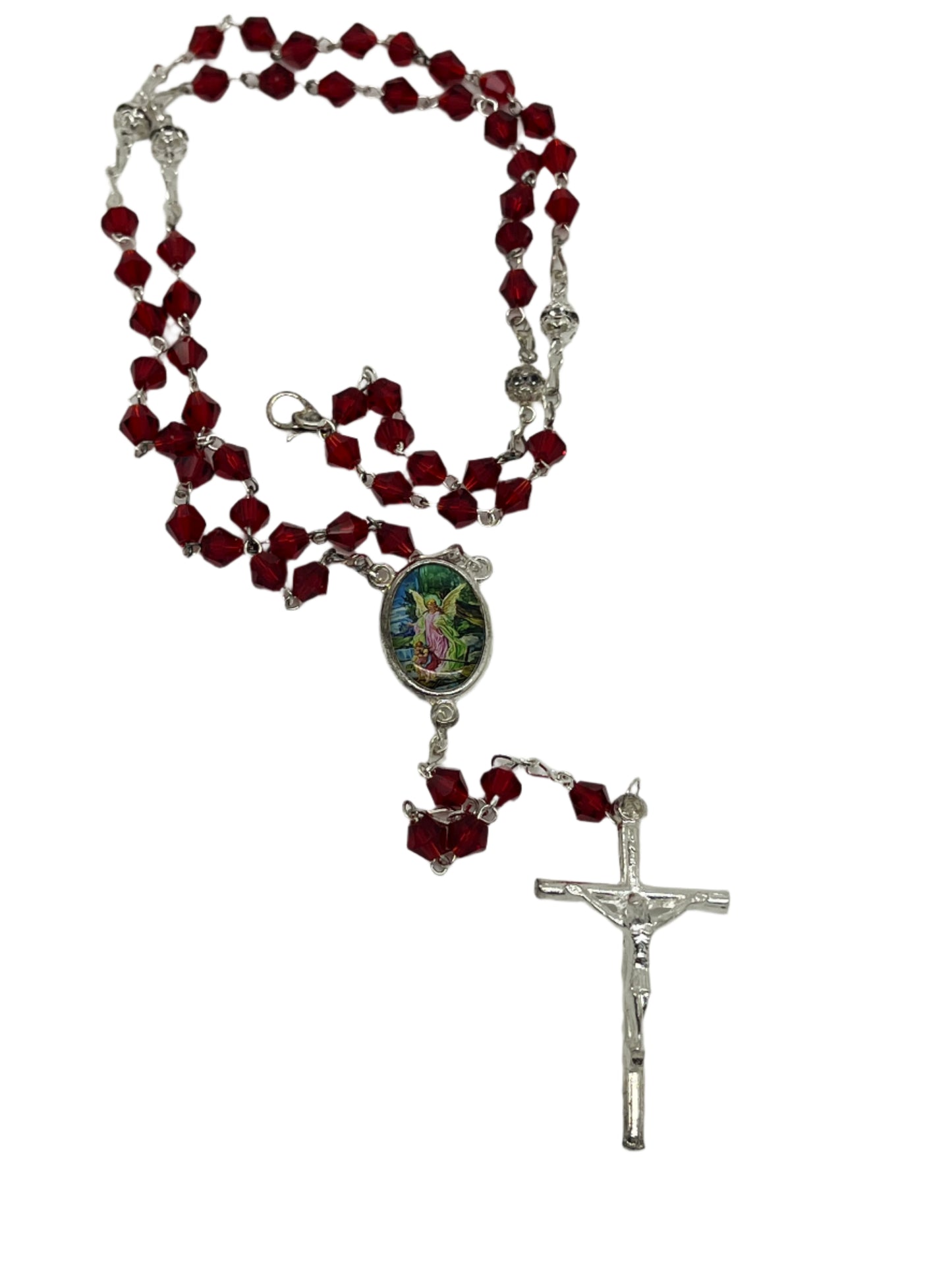 Red crystal guardian angel rosary necklace with silver chain, detailed crucifix, and colorful angel centerpiece medallion