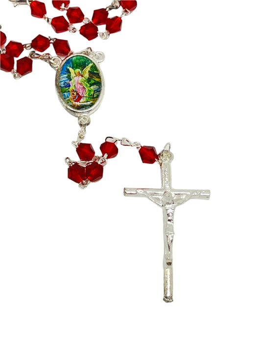 Red crystal rosary necklace with Guardian Angel centerpiece and silver crucifix on silver chain