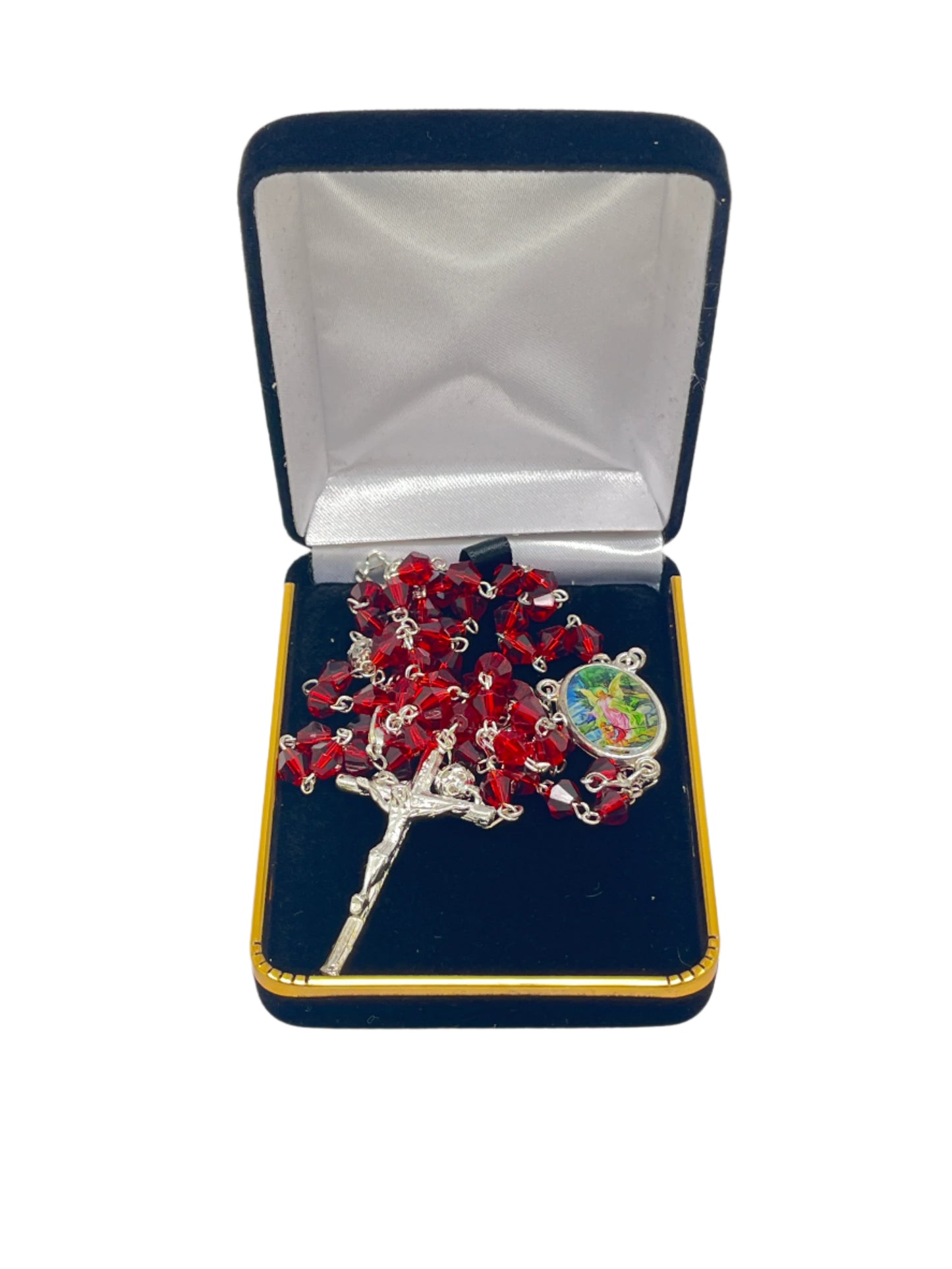 Red crystal rosary necklace with Guardian Angel centerpiece, silver crucifix, and chain in velvet-lined gift box