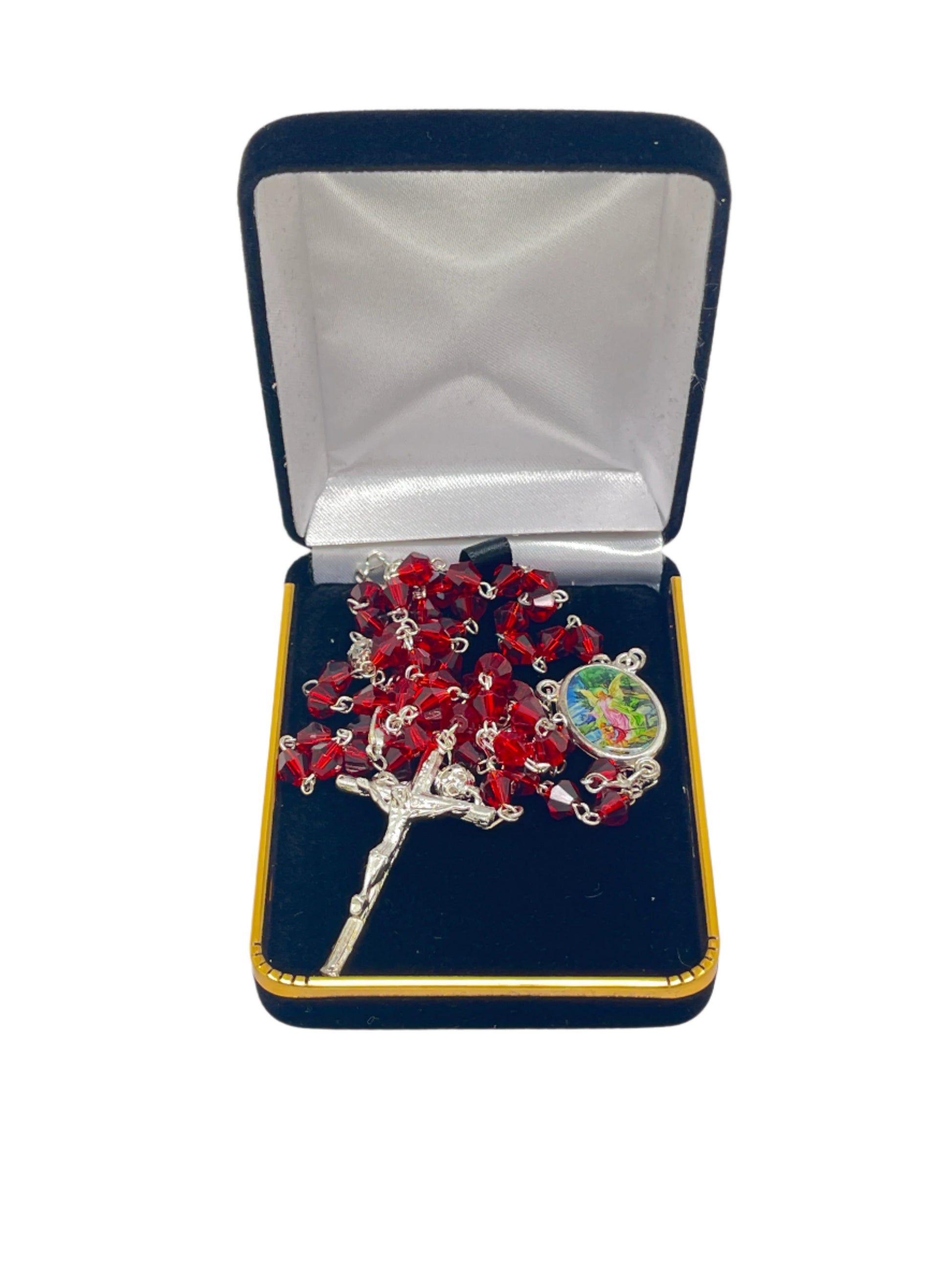 Red crystal rosary necklace with Guardian Angel centerpiece, silver crucifix, and chain in velvet-lined gift box