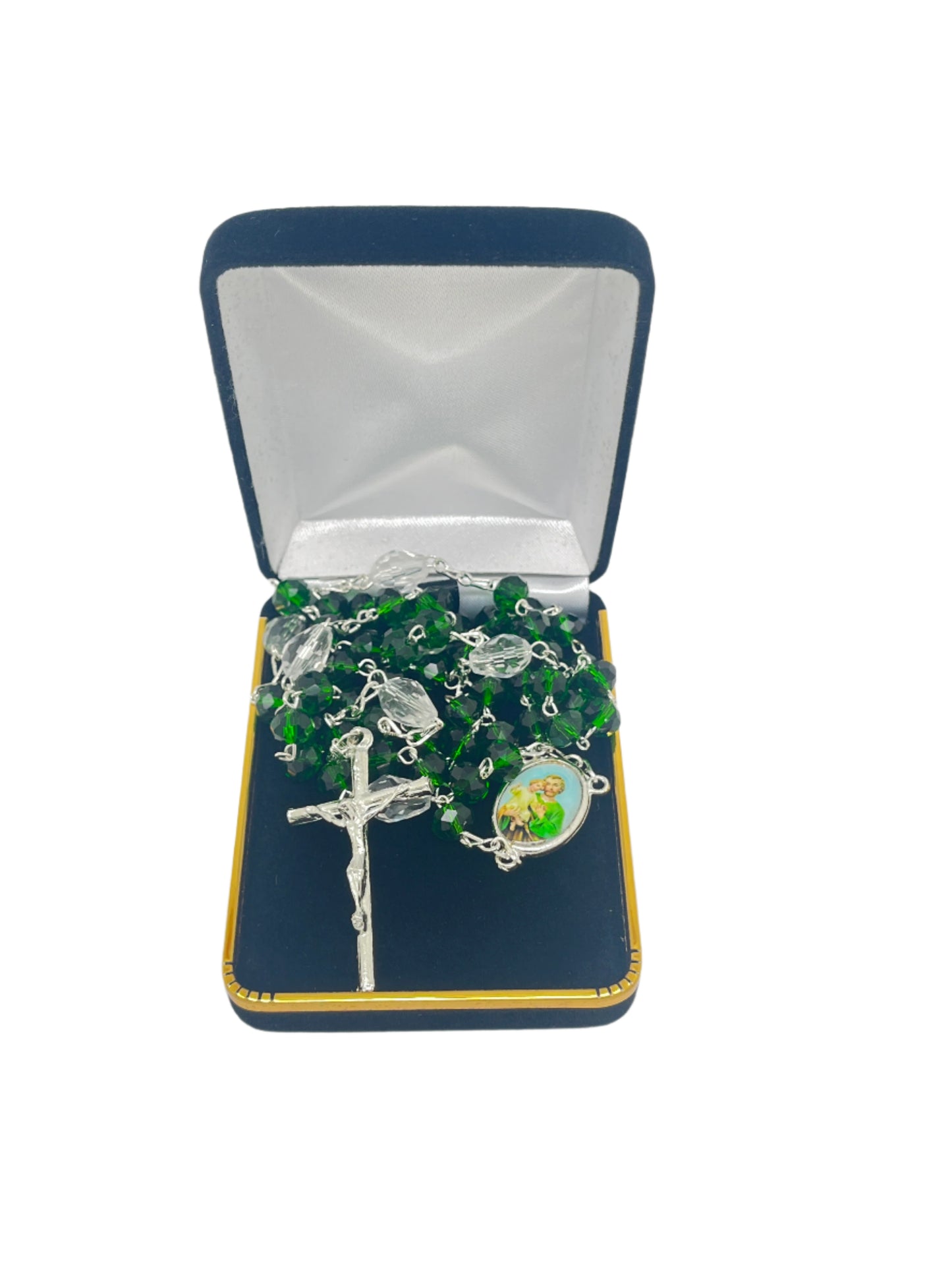 Silver and green crystal St. Joseph rosary with clear Our Father beads and silver crucifix in black presentation box
