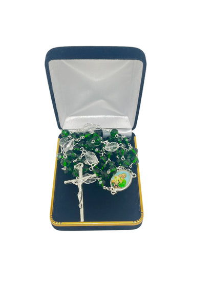 Silver and green crystal St. Joseph rosary with clear Our Father beads and silver crucifix in black presentation box