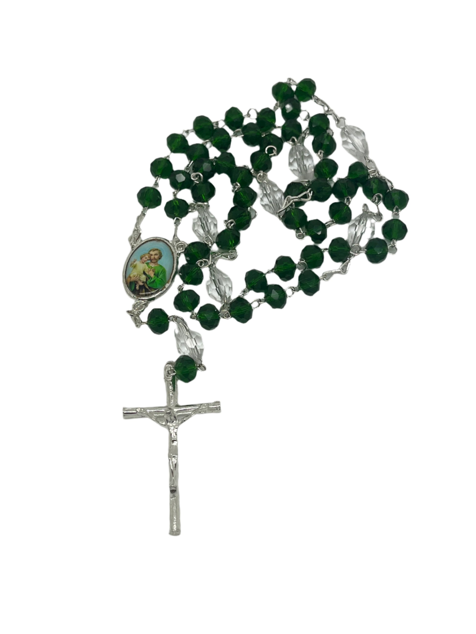 Silver and green crystal St. Joseph rosary with clear Our Father beads and silver crucifix on chain