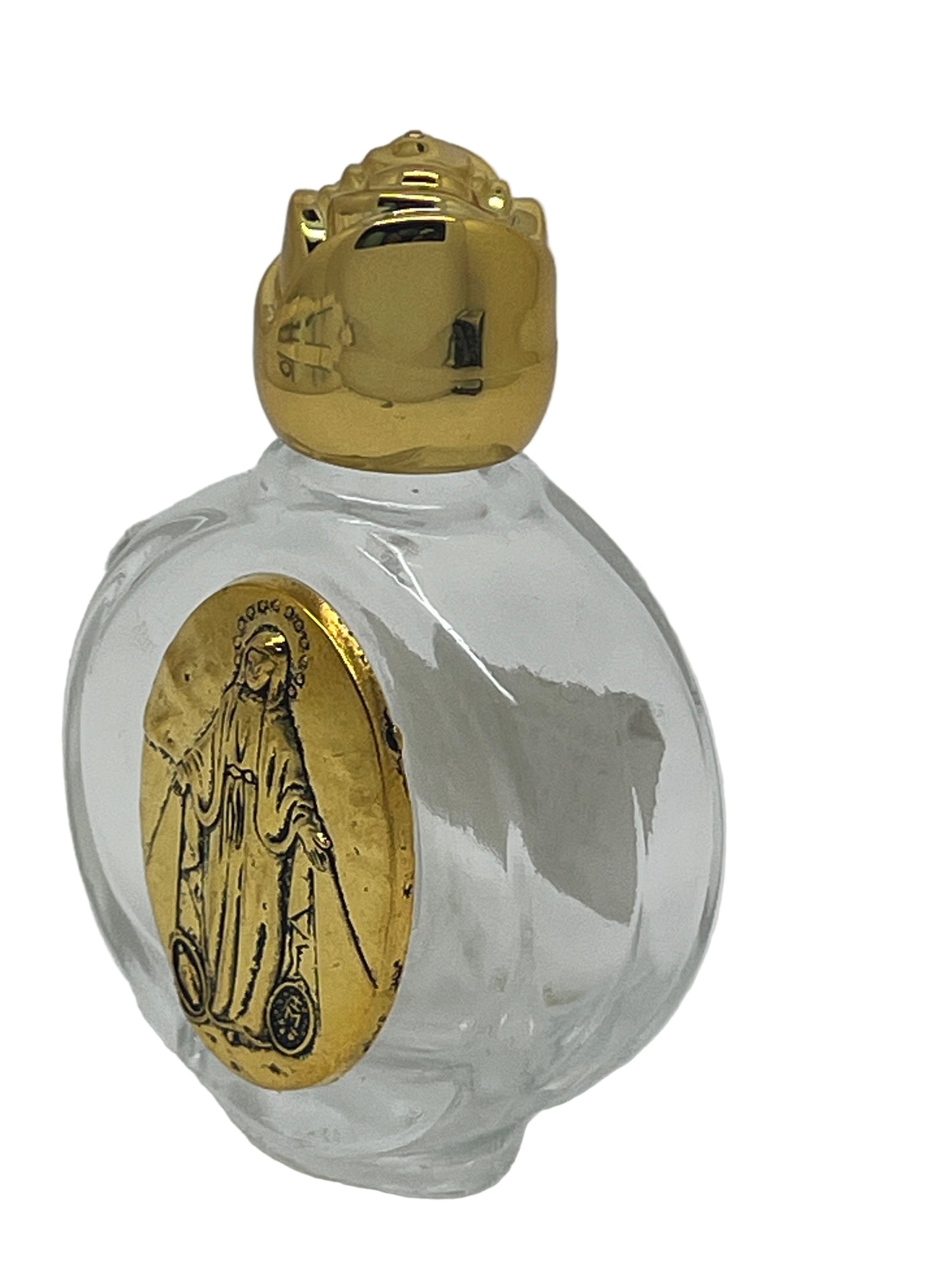 3" Our Lady of Grace holy water glass bottle with detailed gold-tone medal and ornate gold cap, perfect for portable devotion