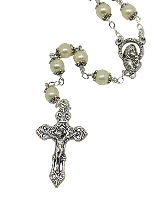 42" Glass Pearl Wedding Rosary from Fatima with 10mm beads, silver caps, Miraculous medal, and ornate crucifix