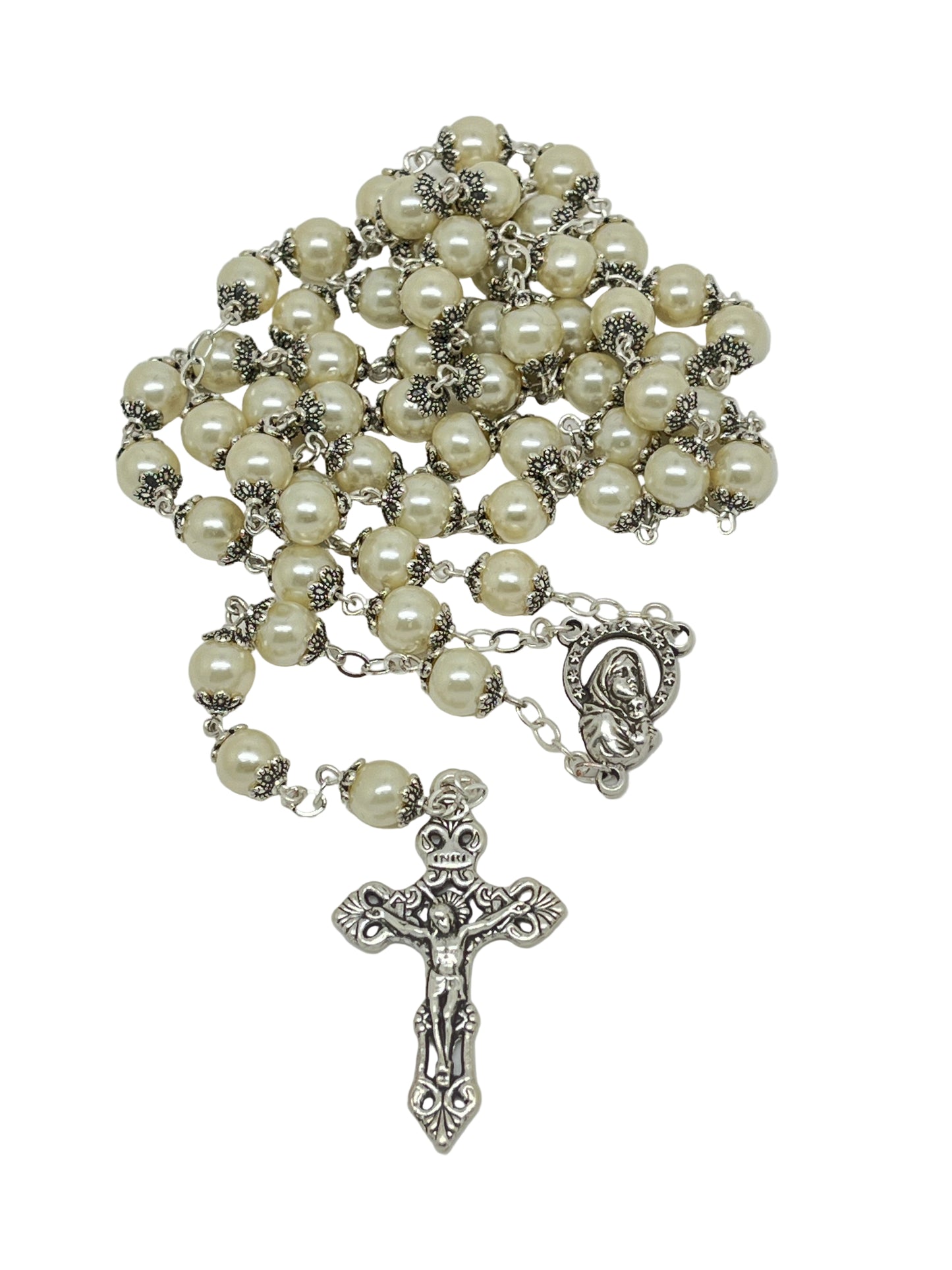 42" Glass Pearl Wedding Rosary from Fatima with 10mm beads, silver caps, Miraculous medal, and detailed crucifix