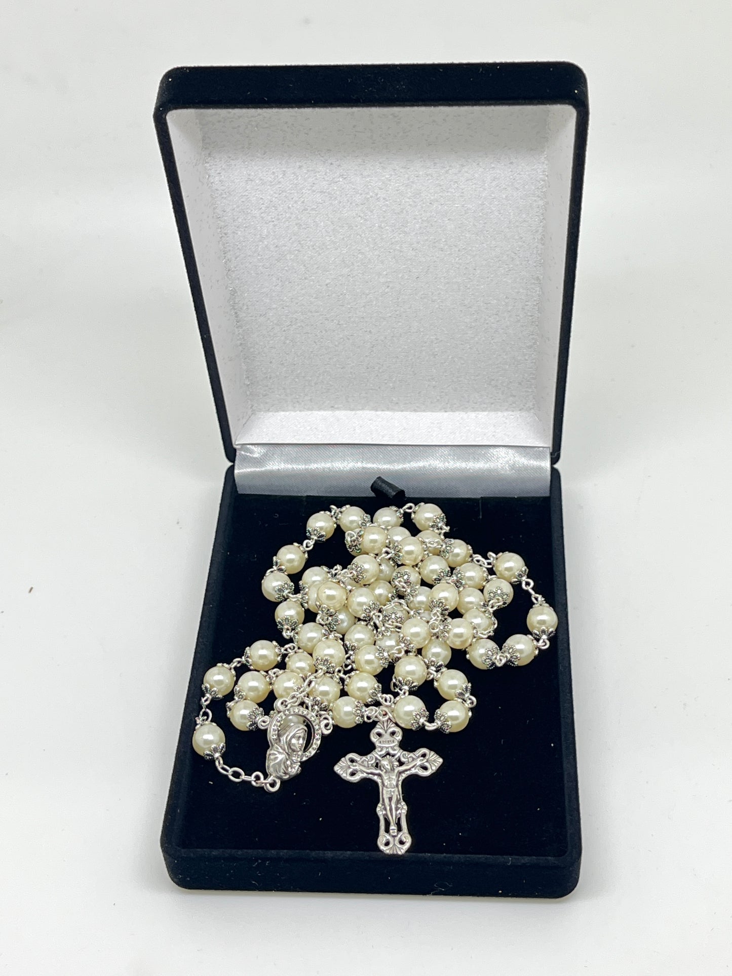 42" wedding rosary with 8mm glass pearls, silver caps, Miraculous Medal centerpiece, and crucifix in black velvet box