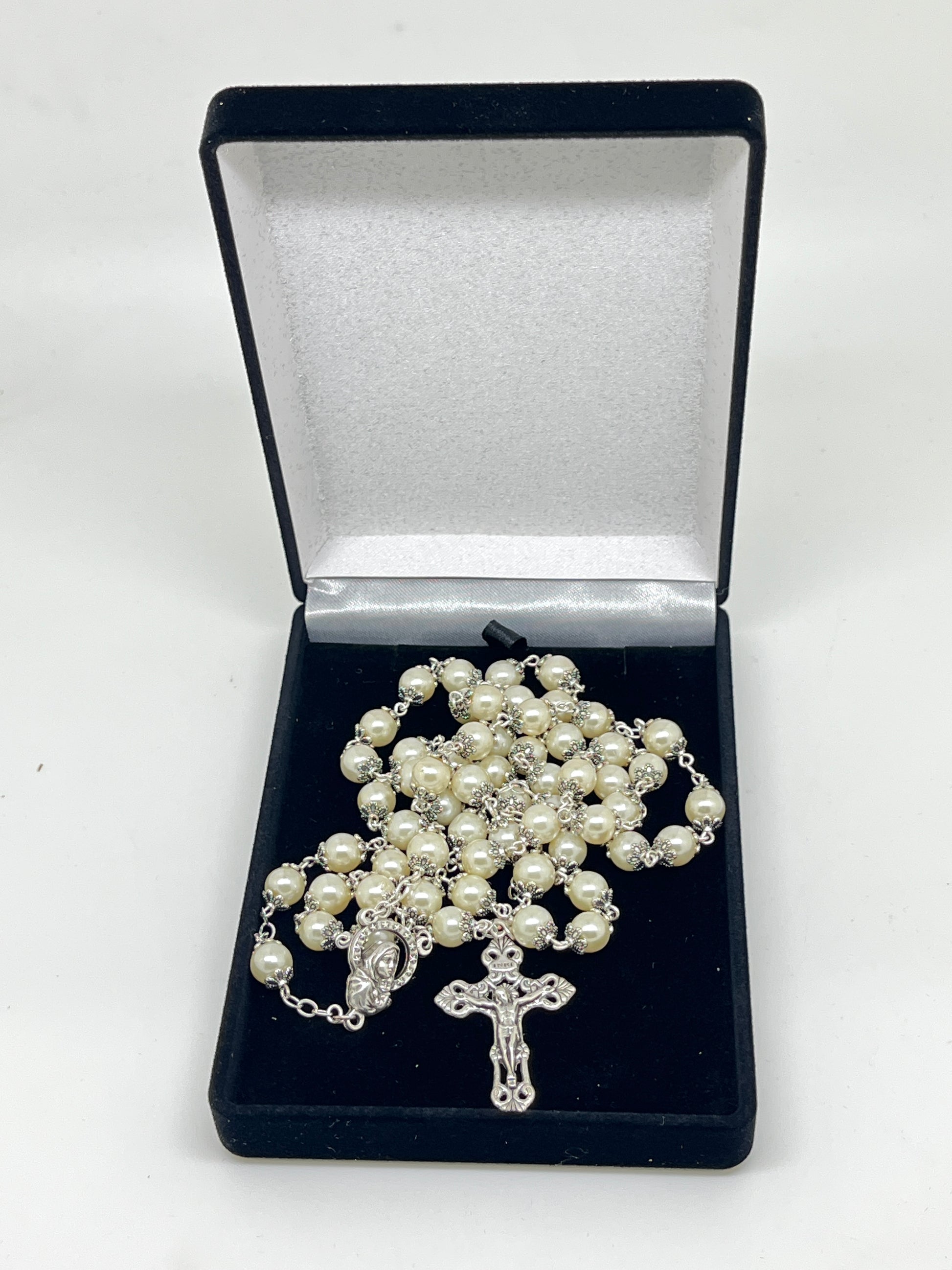 42" wedding rosary with 8mm glass pearls, silver caps, Miraculous Medal centerpiece, and crucifix in black velvet box