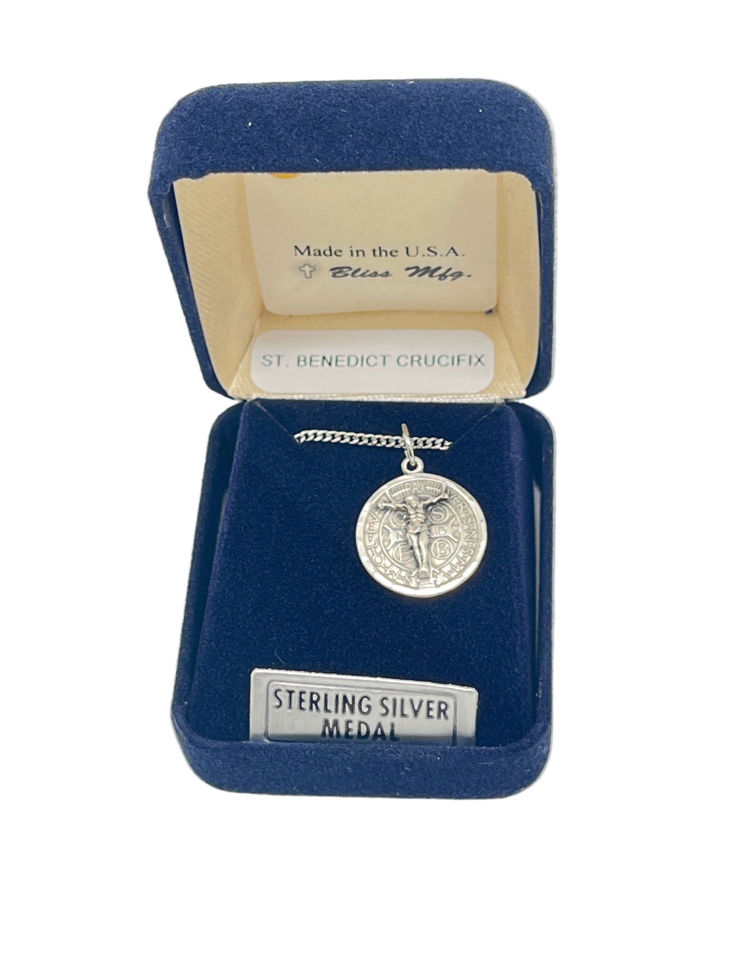 7/8" St. Benedict Medal in raised sterling silver with crucifix, displayed in navy velvet box with chain and clasp