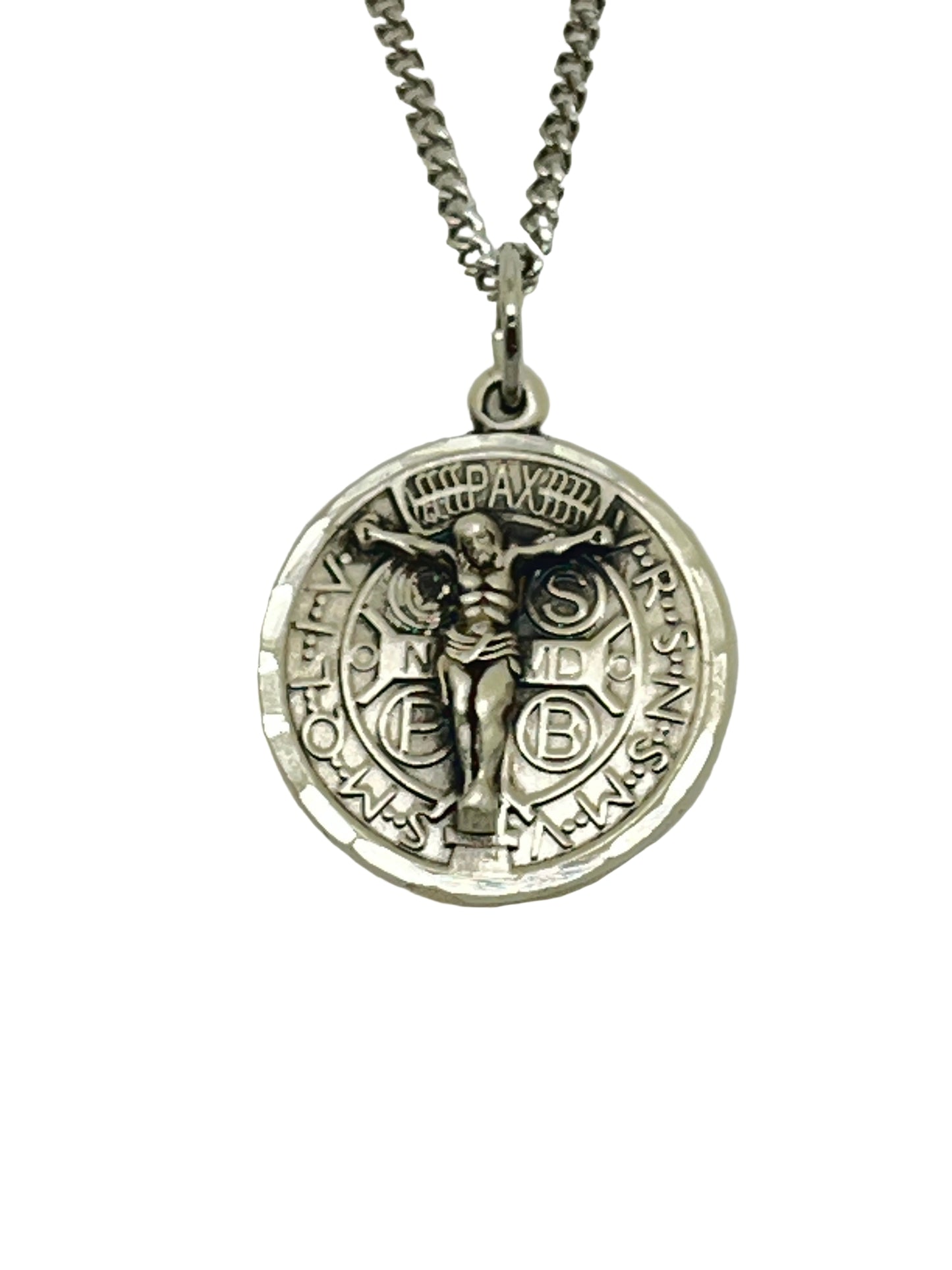 7/8" St. Benedict raised sterling silver medal with crucifix on 18" light curb chain and lobster claw clasp