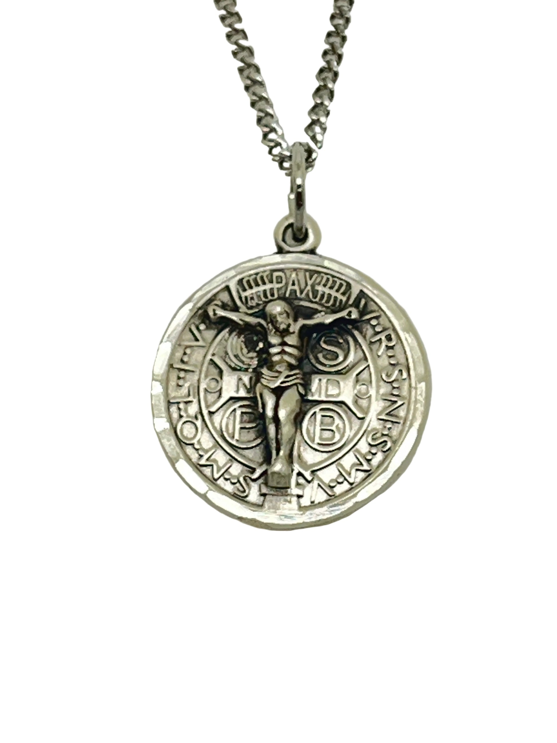 7/8" St. Benedict raised sterling silver medal with crucifix on 18" light curb chain and lobster claw clasp