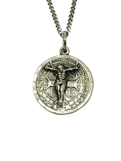 7/8" St. Benedict raised sterling silver medal with crucifix on 18" light curb chain and lobster claw clasp