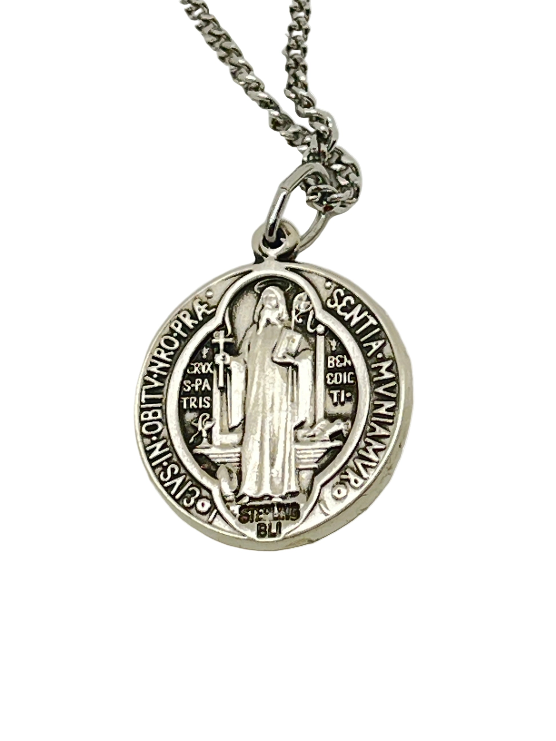 7/8" St. Benedict raised sterling silver medal with detailed crucifix design on 18-inch curb chain necklace