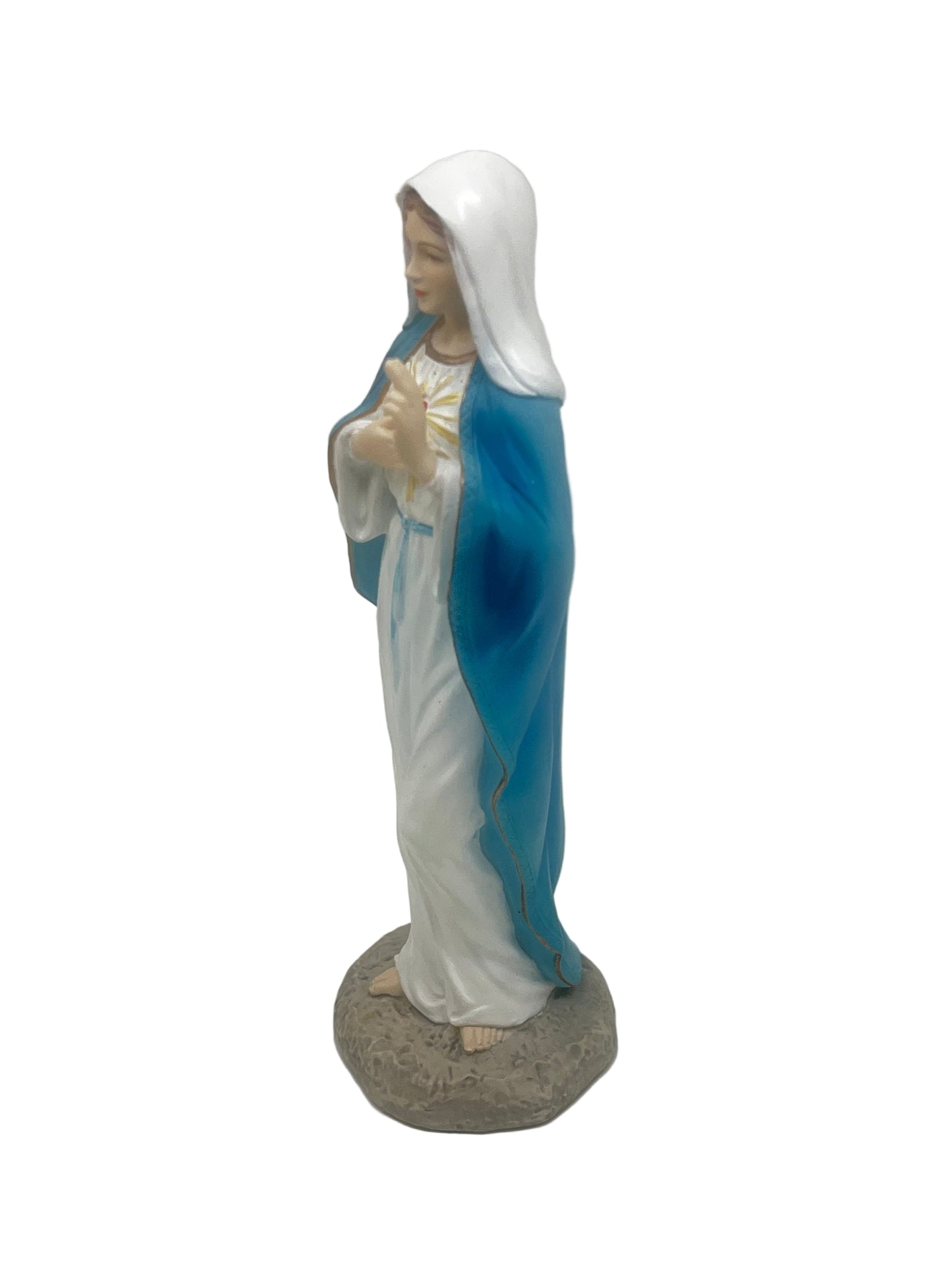 6 1/8" Immaculate Heart of Mary statue in stone resin with blue mantle, white garment, and detailed heart emblem