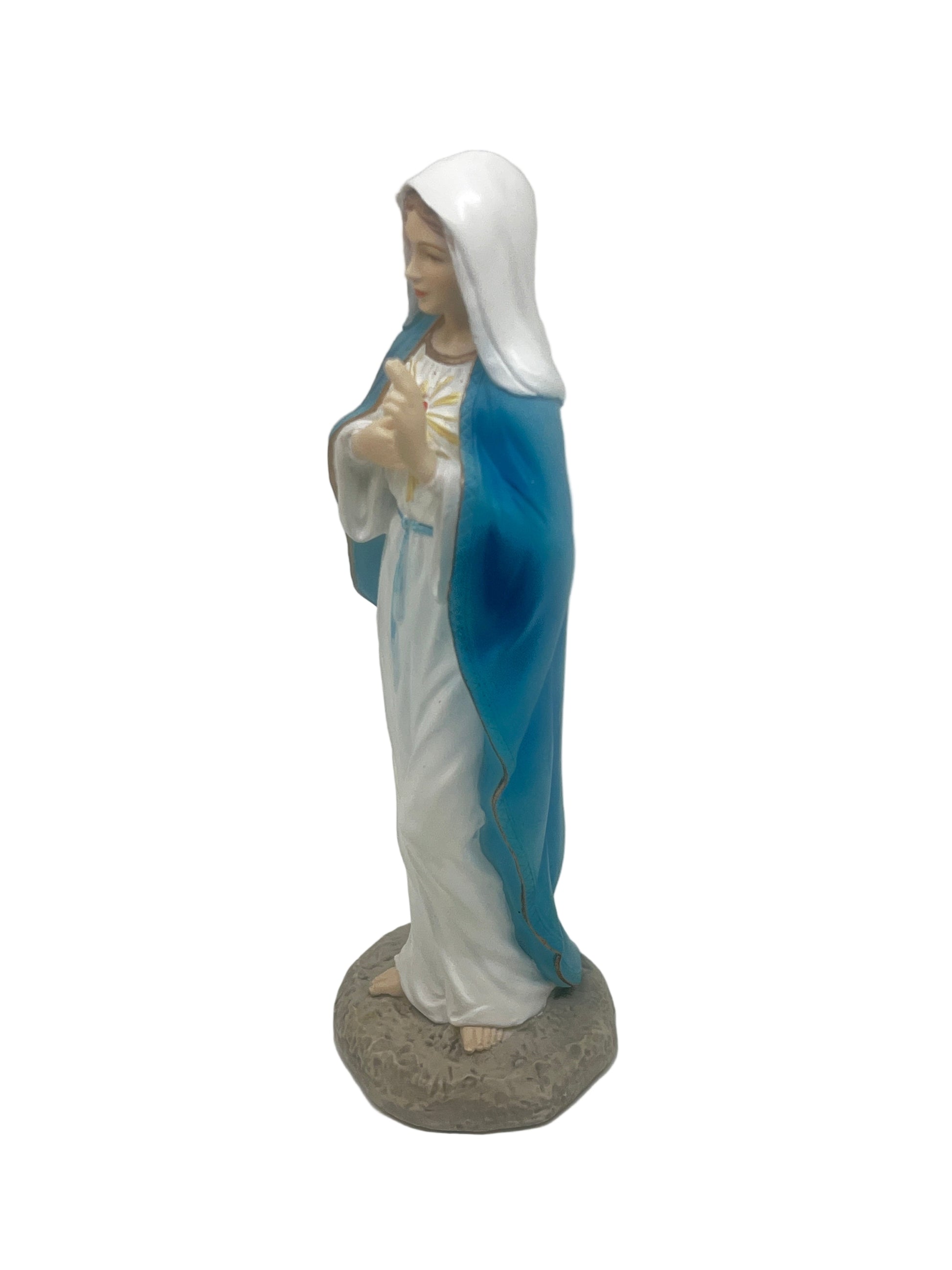 6 1/8" Immaculate Heart of Mary statue in stone resin with blue mantle, white garment, and detailed heart emblem