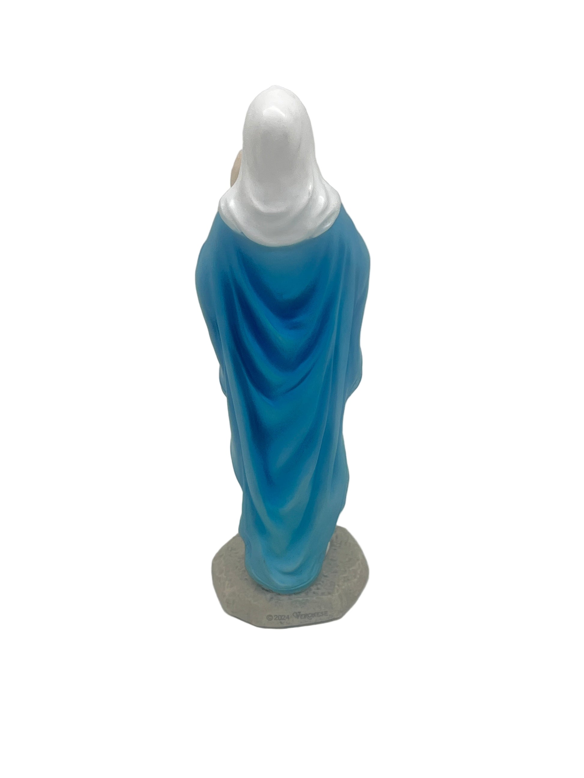 6 1/8" Immaculate Heart of Mary statue in stone resin with blue and white robe viewed from the back on a gray base