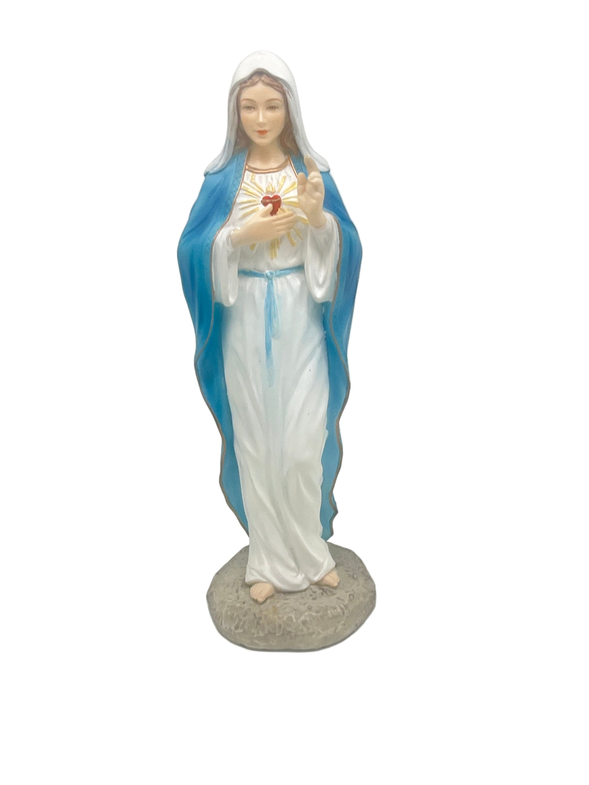 6 1/8" Immaculate Heart of Mary statue in stone resin with blue mantle and detailed heart symbol on white robe