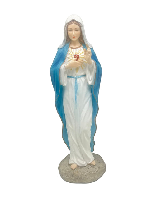 6 1/8" Immaculate Heart of Mary statue in stone resin with blue mantle and detailed heart symbol on white robe