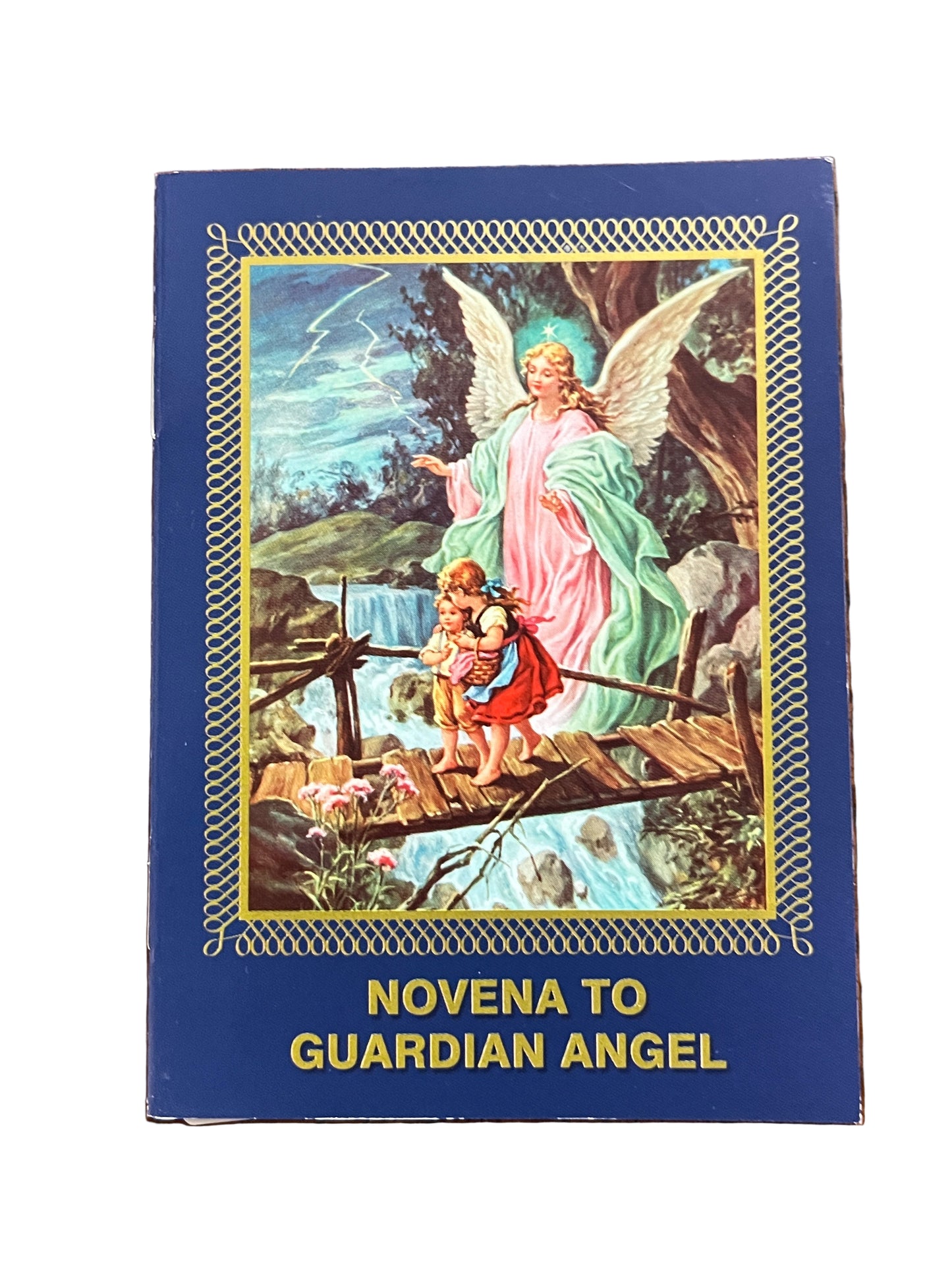 24-page Novena to Guardian Angel prayer booklet with traditional angelic illustration on blue cover and gold border accents