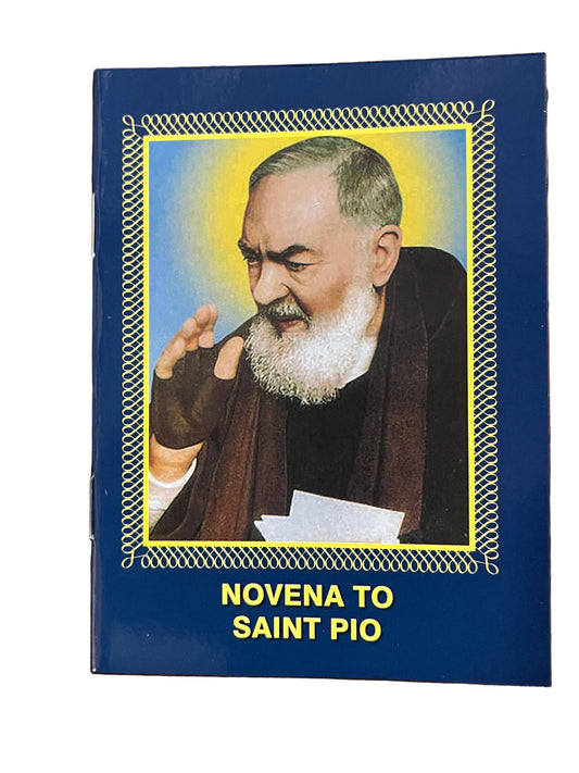24-page Novena to Saint Padre Pio booklet with colored image and nine-day prayer on blue cover with decorative border