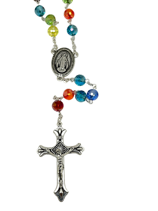 Multicolor glass rosary with Miraculous Medal centerpiece and detailed silver crucifix for praying peace in all nations