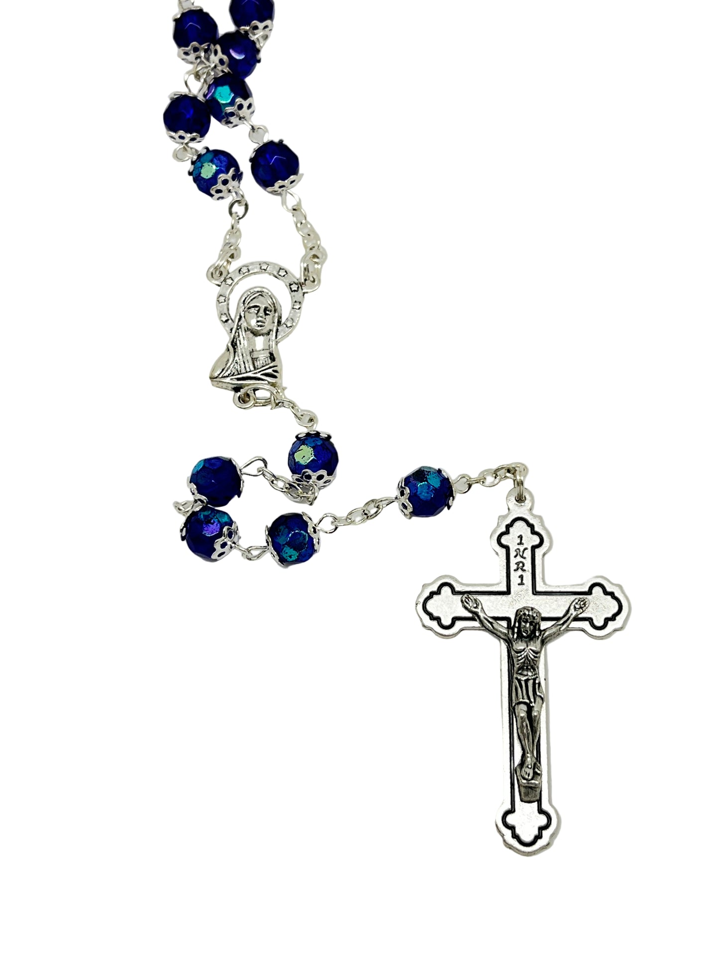 Blue crystal cut and silver capped rosary featuring Madonna centerpiece and detailed silver crucifix pendant.