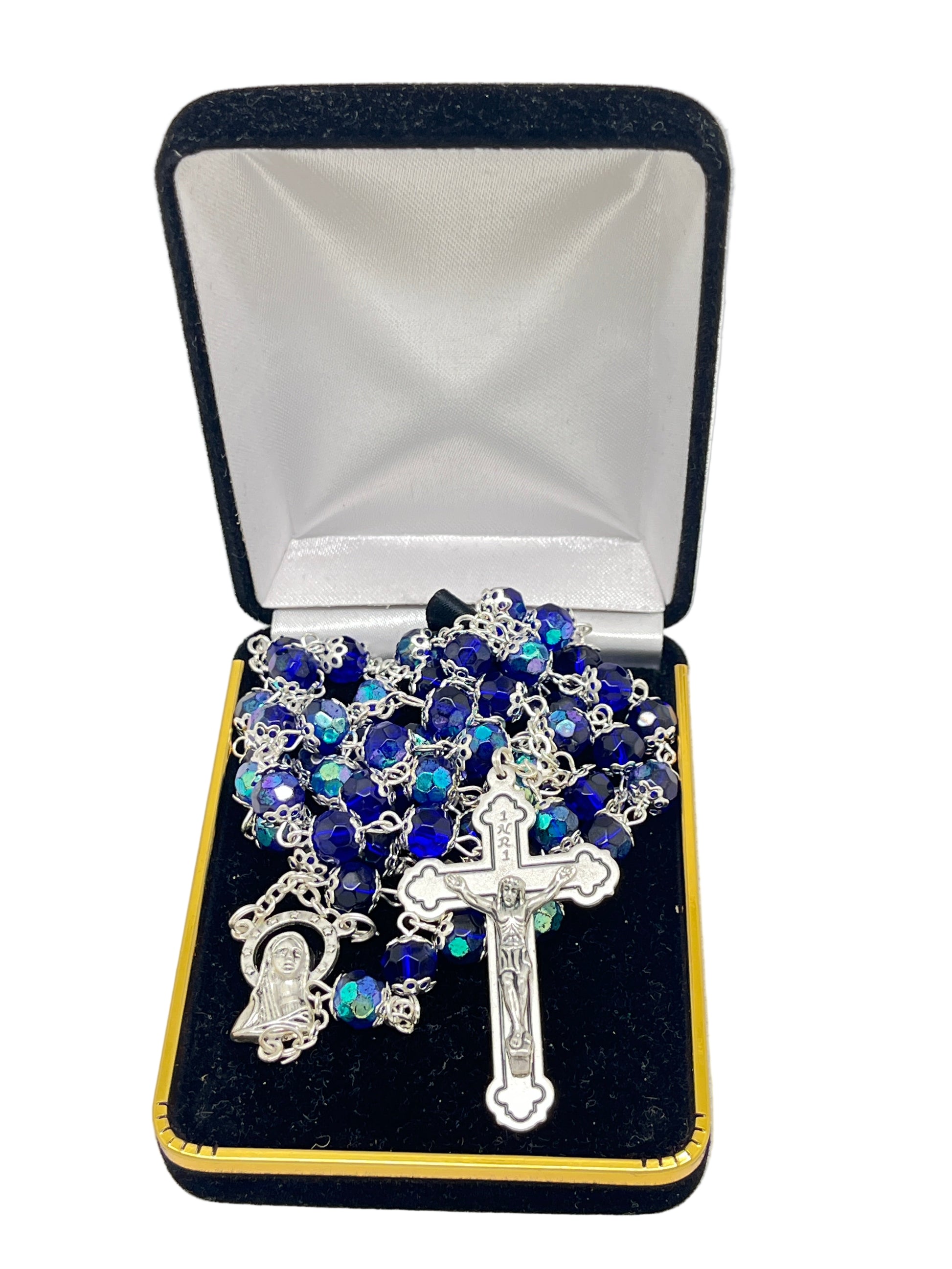 Blue crystal cut and capped rosary with silver Madonna centerpiece and crucifix in black velvet gift box