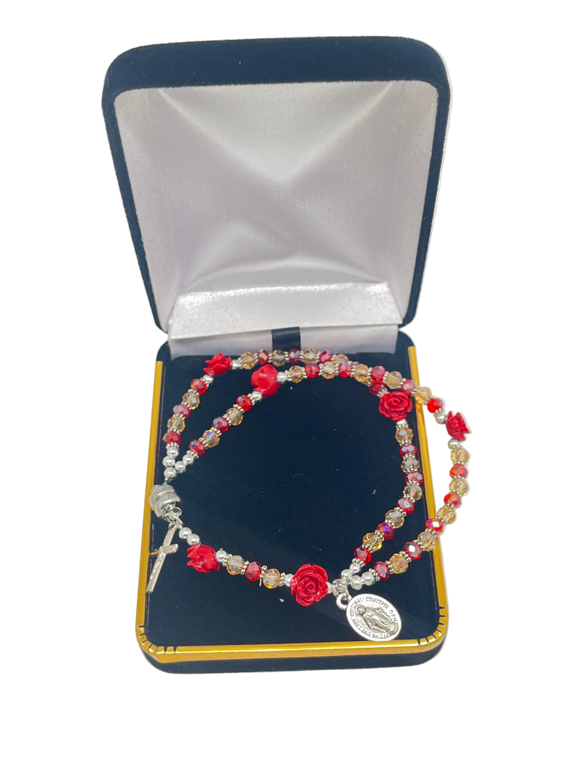 Red bead full rosary bracelet with red rose accents, Miraculous Medal, crucifix, and magnetic clasp in blue velvet box