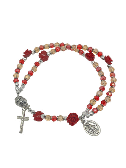 Red bead full rosary bracelet with detailed rose accents, Miraculous Medal, crucifix, and magnetic clasp closure
