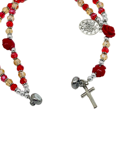 Red bead full rosary bracelet with rose accents, Miraculous Medal, silver crucifix, and magnetic clasp closure