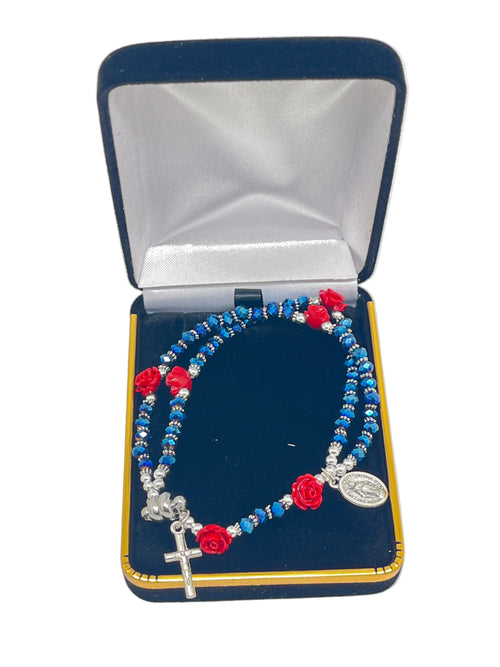 Blue bead full rosary bracelet with red rose accents, silver Crucifix and Miraculous Medal in velvet-lined presentation box