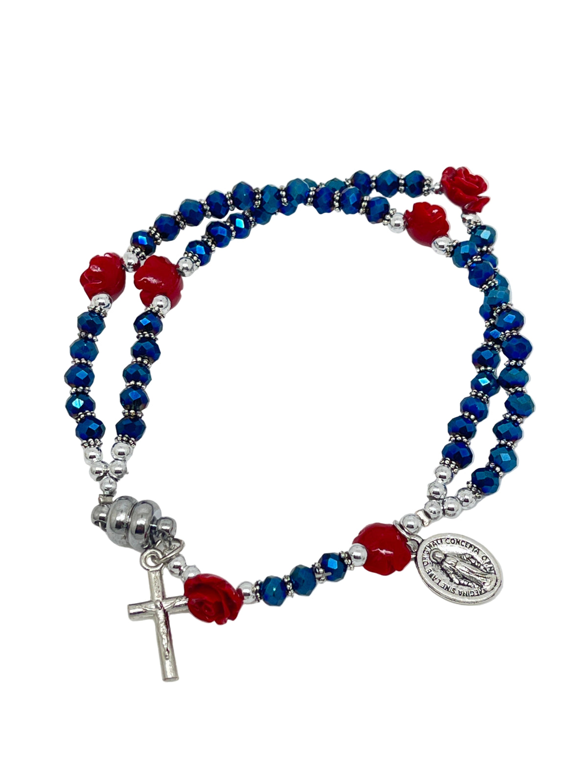 Blue bead full rosary bracelet with red rose accents, Miraculous Medal, and silver crucifix charm detail