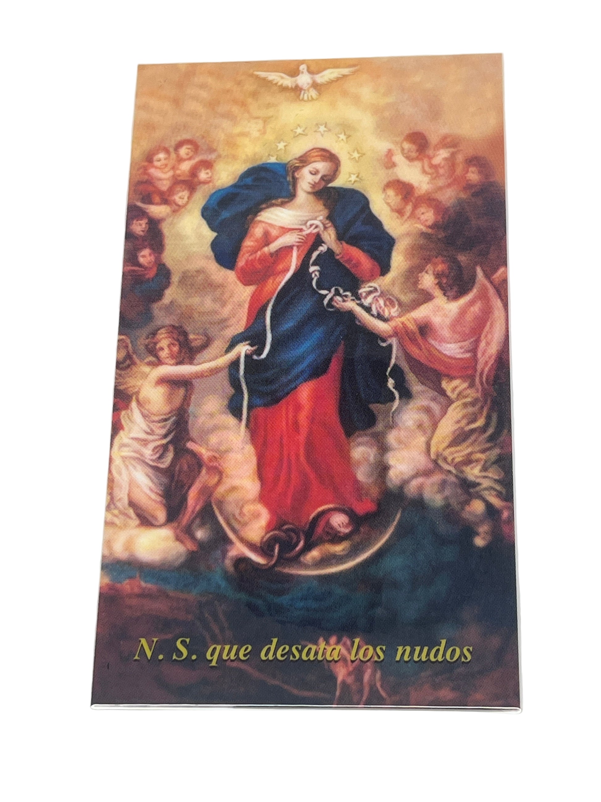 4" x 6" laminated holy card of Our Lady Undoer of Knots with sacred image and prayer on back