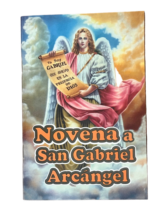 Novena prayer book to Archangel Gabriel with detailed angel illustration holding a scroll against cloudy sky background