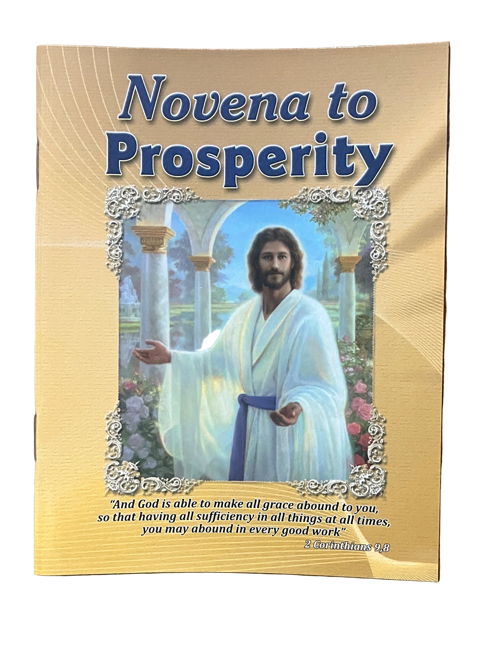 Novena to Prosperity prayer card with image of Jesus in white robe and blue sash, decorative frame and scripture verse