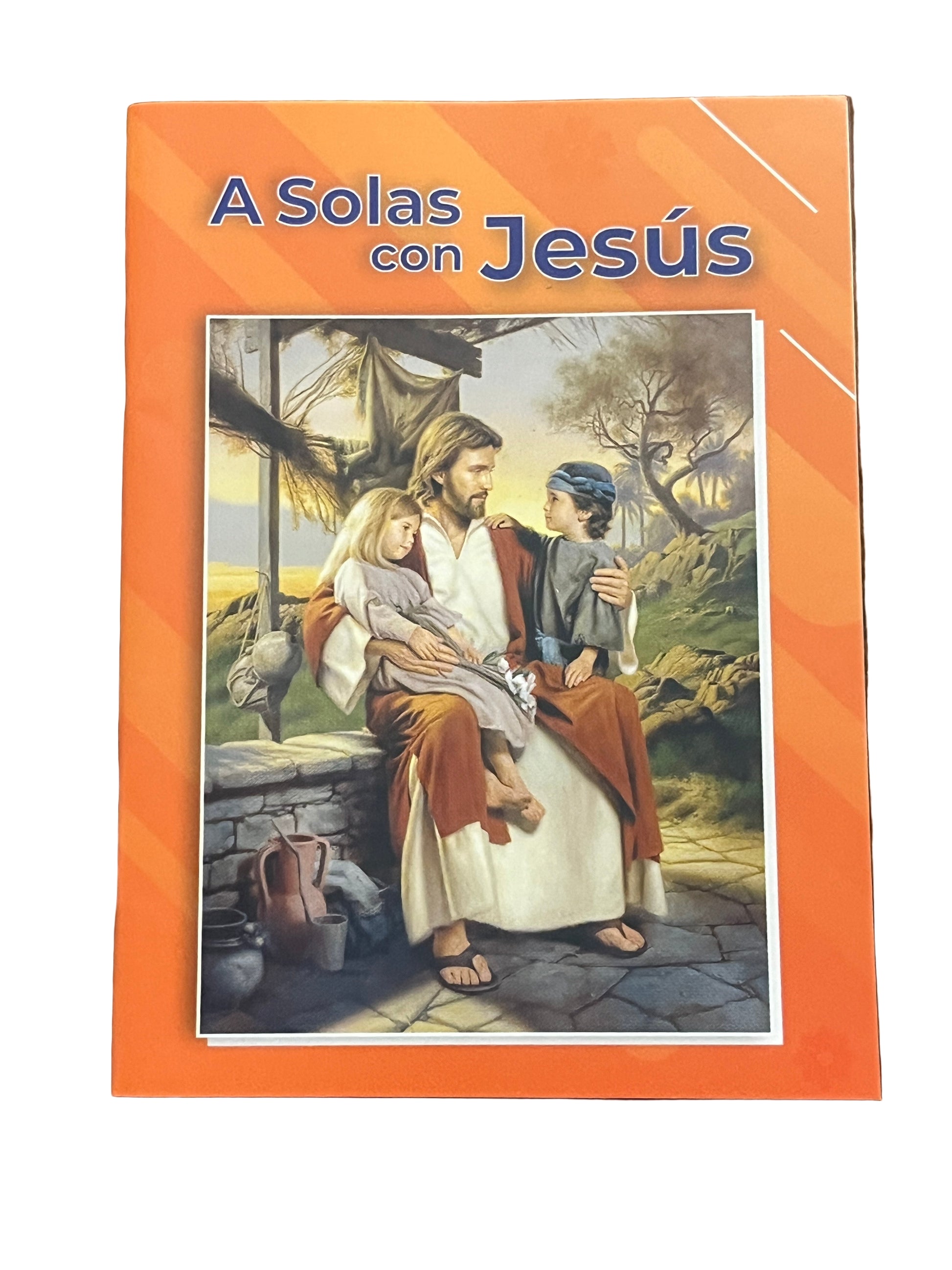 Pocket devotional booklet "A Solas con Jesús" with illustrated cover of Jesus holding two children outdoors