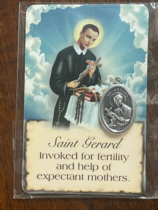 Saint Gerard prayer card with metal medal depicting St. Gerard holding a crucifix and rosary beads