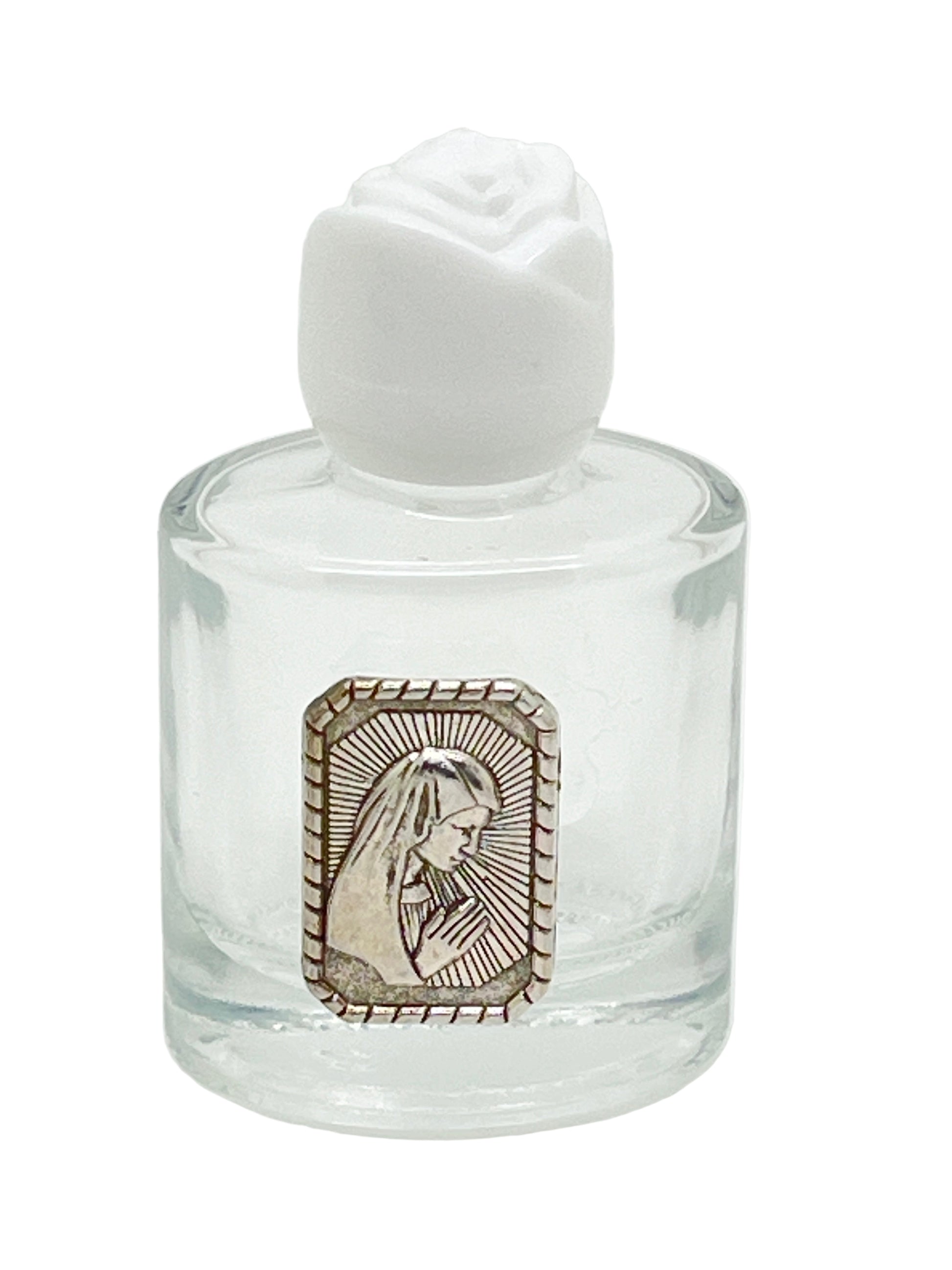 2.25" glass holy water bottle with white rose cap and Our Blessed Mother praying hands emblem on front