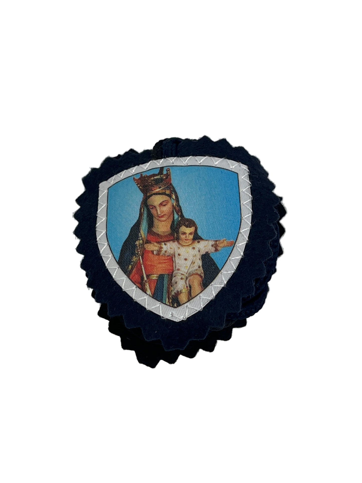 3" St. Michael cloth scapular with Our Lady of Mt. Carmel and Child on front, brown fabric with scalloped edges