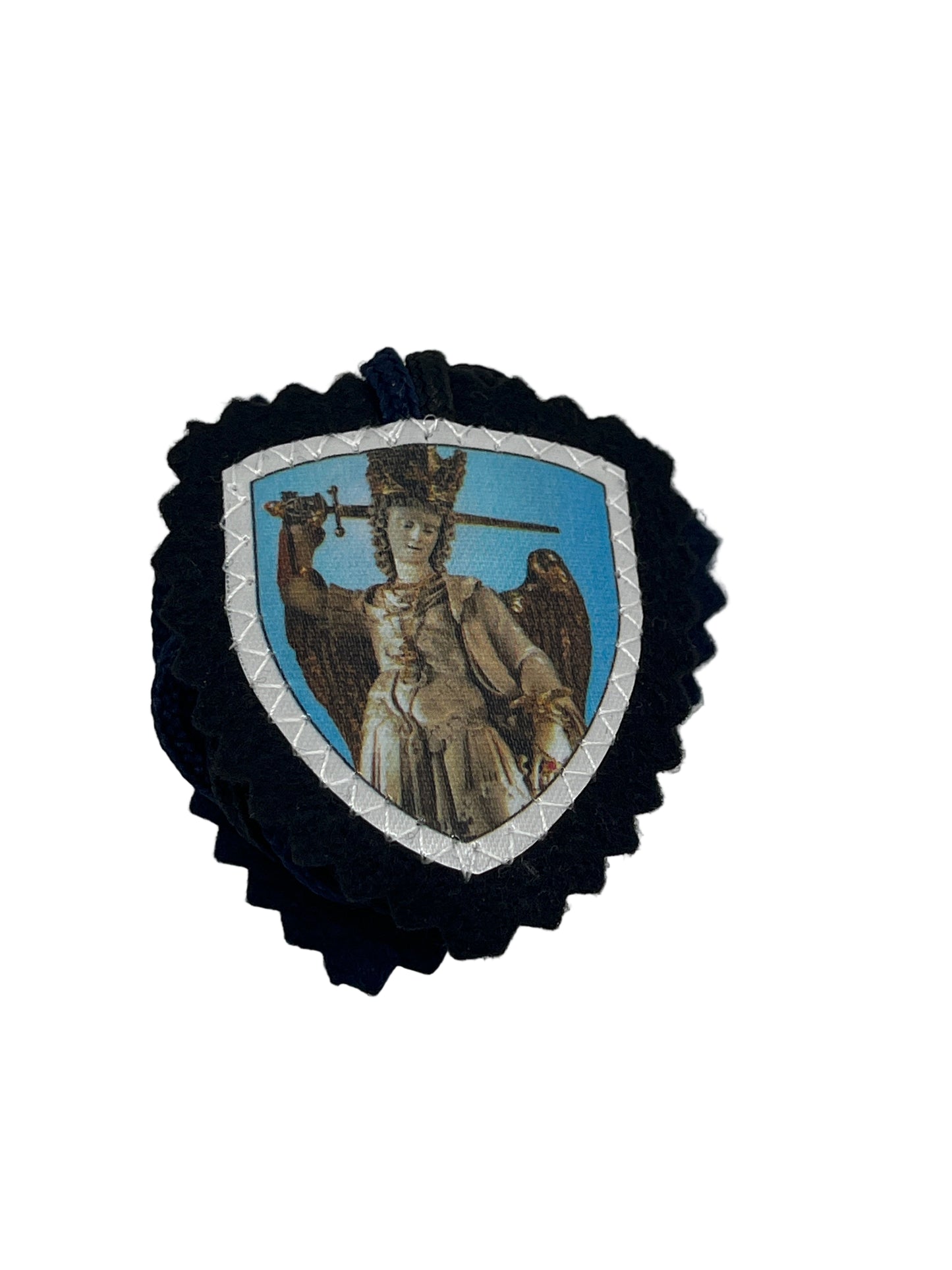 3" brown cloth scapular with image of St. Michael the Archangel holding a sword and blue shield background