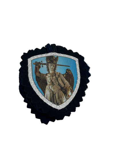 3" brown cloth scapular with image of St. Michael the Archangel holding a sword and blue shield background