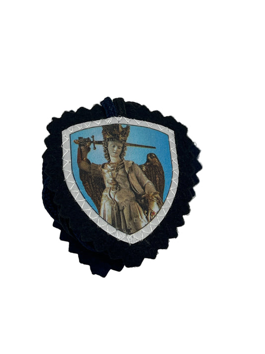 3" brown cloth scapular with image of St. Michael the Archangel holding a sword and blue shield background