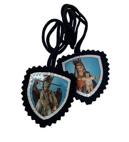 3" brown cloth scapular featuring St. Michael the Archangel and Our Lady of Mt. Carmel in shield design